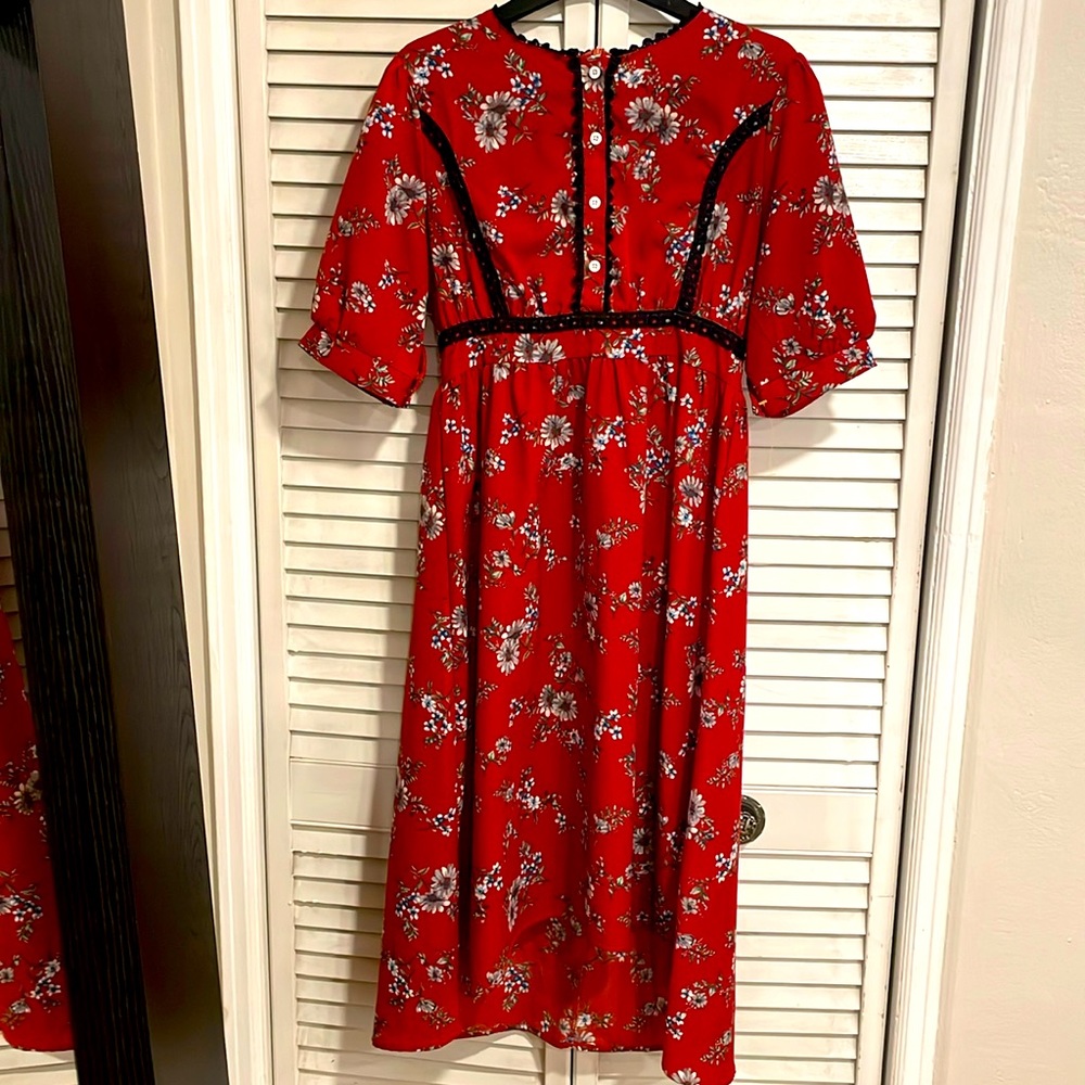 LOVE+HARMONY Burgundy Boho Peasant Floral Midi Dress, Size Small